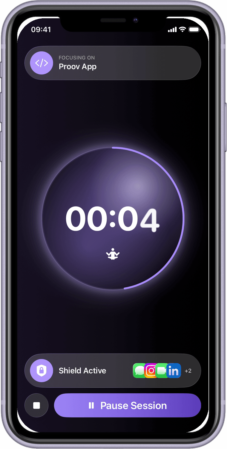 Proov focus session in progress with breathing gradient timer shown on an iPhone