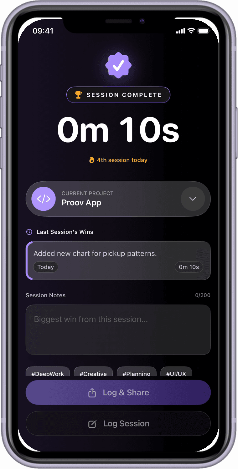 Proov log and share screen with session notes and tags shown on an iPhone