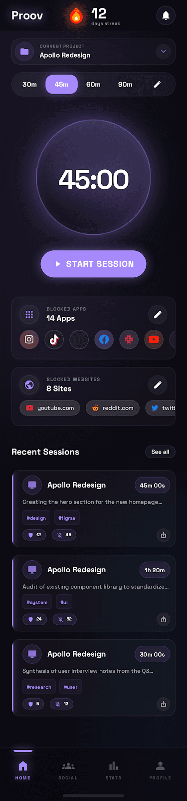 Proov focus session screen showing app blocking