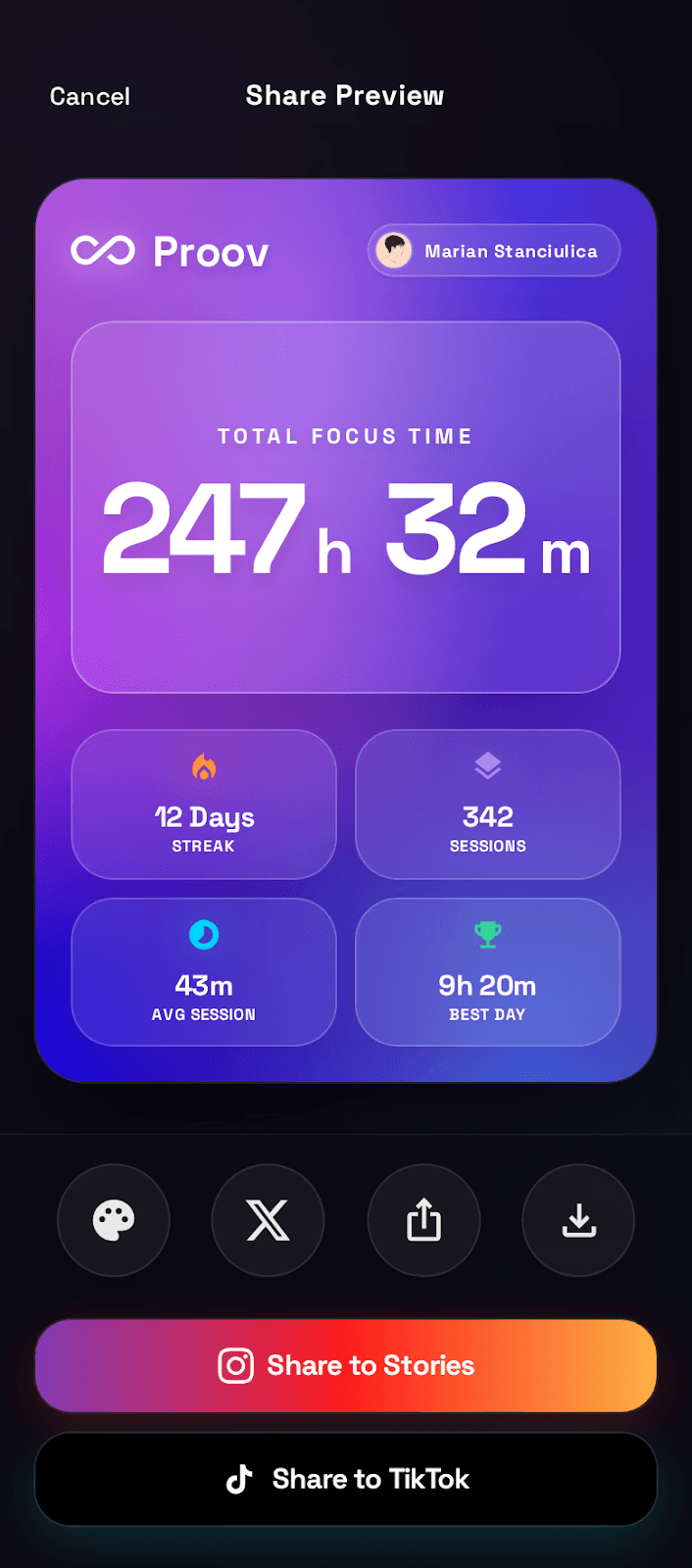 Proov social share card showing focus stats